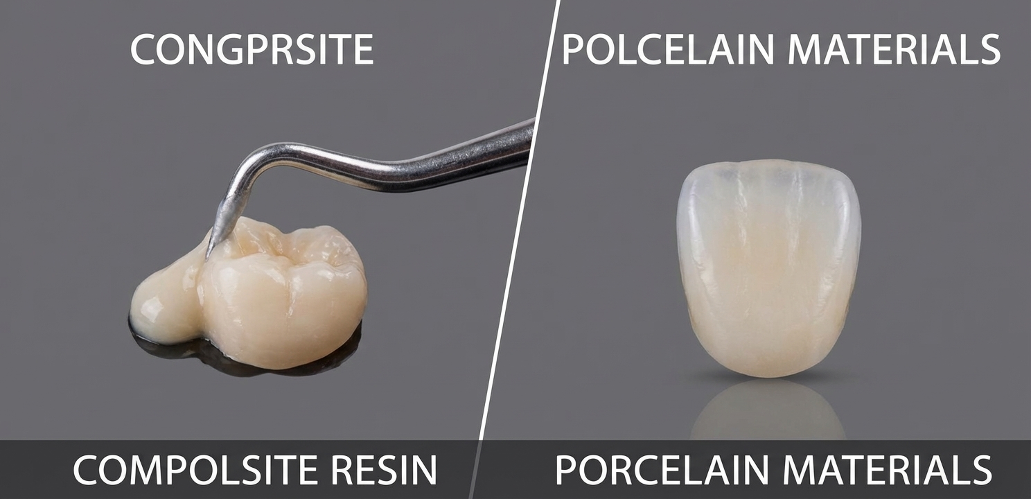 Composite Veneers are compared side-by-side with porcelain for material, durability, and aesthetics.