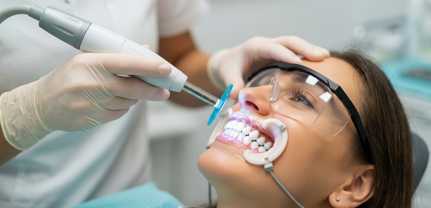 Teeth Whitening in-office treatment with a dentist using advanced technology for immediate results.