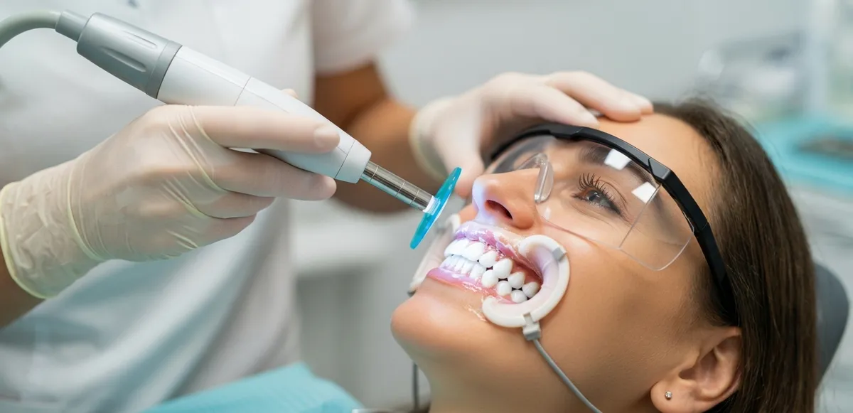 Teeth Whitening in-office treatment with a dentist using advanced technology for immediate results.