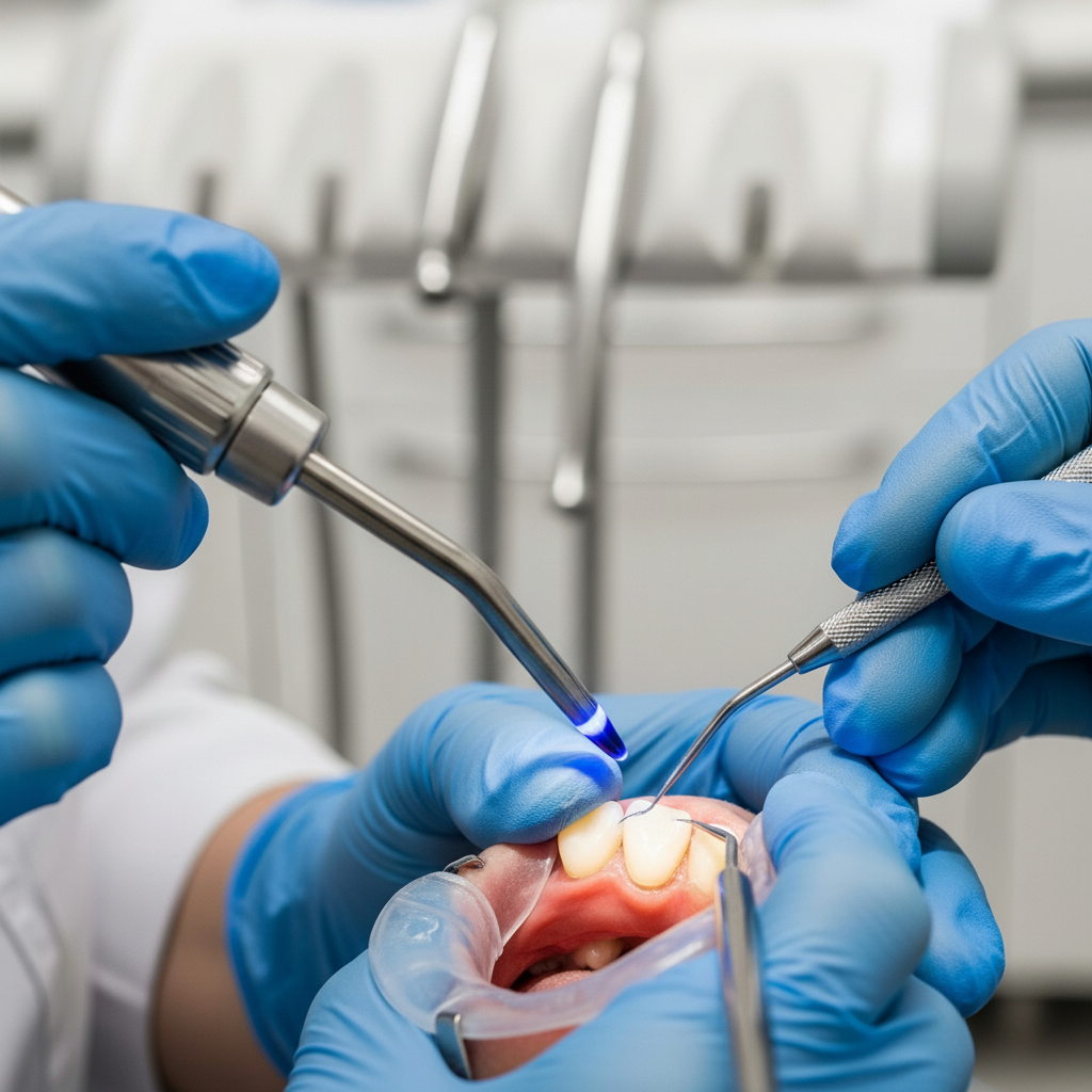 Composite Veneers being expertly sculpted and bonded directly onto a tooth during a chairside procedure