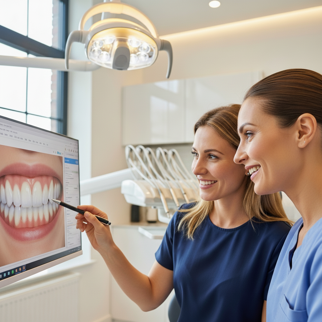 Smile Makeover consultation where a dentist and patient review a digital smile design