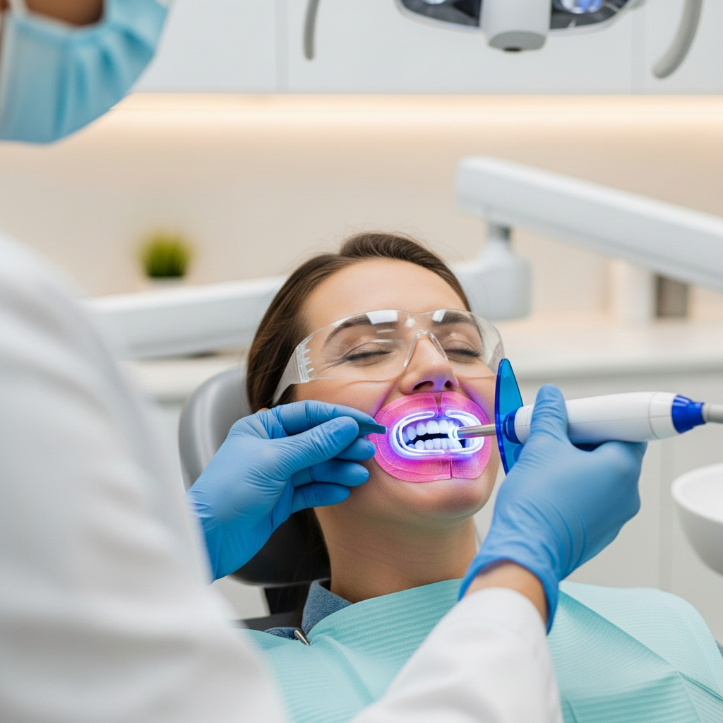 Teeth Whitening in-office treatments use a high-concentration gel and a special light for rapid results