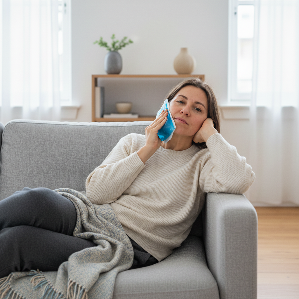 Recovery Process After Dental Implants, a patient gently applies an ice pack to manage swelling.
