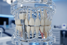Close-up of a transparent 3D dental model illustrating a dental implant (screw in jawbone with crown) on one side, and a dental bridge (three connected crowns spanning a gap) on the other. Blurred clean dental office background.