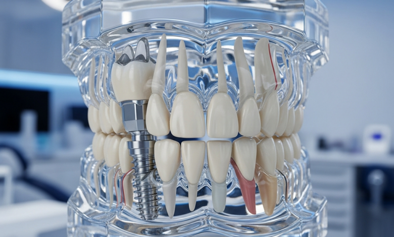Close-up of a transparent 3D dental model illustrating a dental implant (screw in jawbone with crown) on one side, and a dental bridge (three connected crowns spanning a gap) on the other. Blurred clean dental office background.