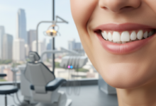 Close-up of a person's mouth with a confident, healthy smile, showing perfectly bright and aligned teeth. The background is a blurred, modern dental clinic with a soft hint of a city skyline through a window.