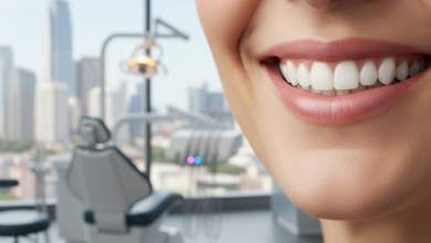 Close-up of a person's mouth with a confident, healthy smile, showing perfectly bright and aligned teeth. The background is a blurred, modern dental clinic with a soft hint of a city skyline through a window.