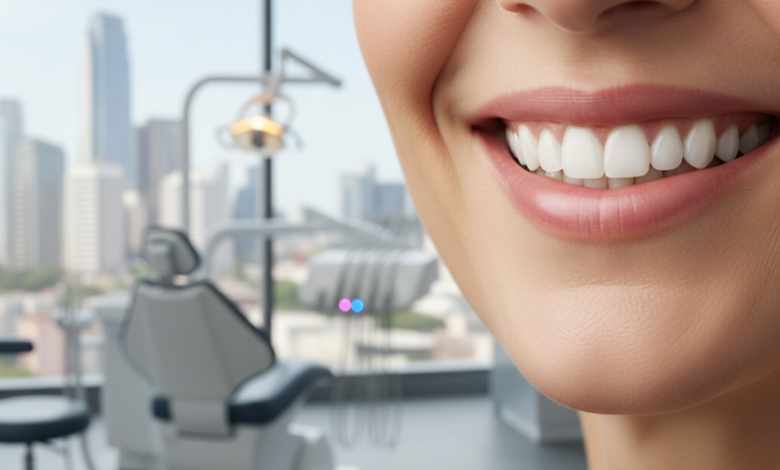 Close-up of a person's mouth with a confident, healthy smile, showing perfectly bright and aligned teeth. The background is a blurred, modern dental clinic with a soft hint of a city skyline through a window.