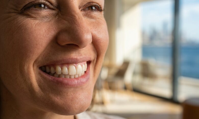 A photorealistic close-up of a person's beautiful, healthy white teeth, showcasing a perfect smile as a result of successful cosmetic dentistry, set against a clean, modern, blurred background.