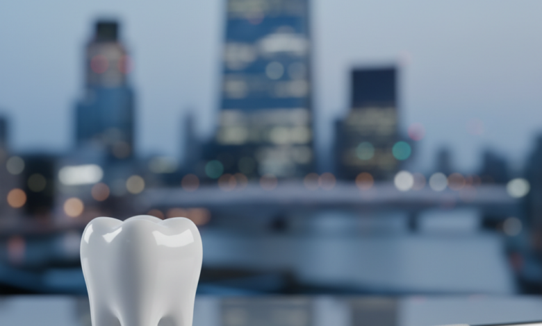A close-up, photorealistic image of a pristine, healthy human molar tooth in the foreground. A sterile silver dental instrument, like a fine probe, is gently positioned near the tooth. The background is an extremely blurred, out-of-focus cityscape of a modern UK city, with abstract building shapes and soft light. The overall scene conveys precision, professionalism, and dental care in the UK.