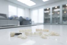 An artistic arrangement of high-quality porcelain veneers and a dental implant model on a clean surface in a modern dental lab, symbolizing a smile makeover.
