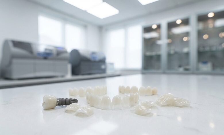 An artistic arrangement of high-quality porcelain veneers and a dental implant model on a clean surface in a modern dental lab, symbolizing a smile makeover.