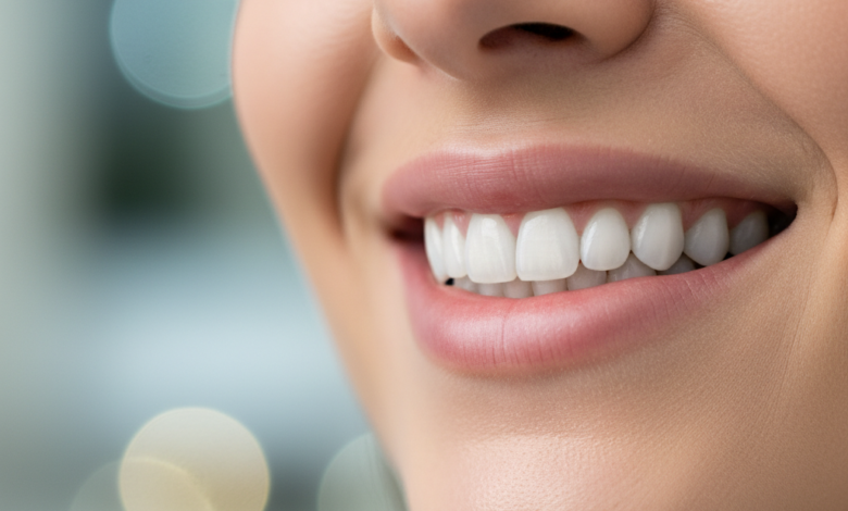 Close-up of a person's lower face with a confident, natural, and healthy smile, featuring clean, strong teeth. The background is softly blurred, suggesting a professional and calming environment, conveying successful dental implant recovery.