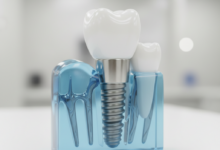A photorealistic, ultra-detailed image displaying a complete dental implant system. A titanium screw-shaped implant post is firmly set into a translucent, stylized jawbone, indicating osseointegration. An abutment is attached to the implant, connecting it to a flawless, white ceramic crown that perfectly mimics a natural tooth. The background is softly blurred, depicting a clean and modern dental clinic setting, emphasizing the advanced technology and precision involved. No text is visible in the image.