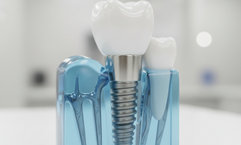 A photorealistic, ultra-detailed image displaying a complete dental implant system. A titanium screw-shaped implant post is firmly set into a translucent, stylized jawbone, indicating osseointegration. An abutment is attached to the implant, connecting it to a flawless, white ceramic crown that perfectly mimics a natural tooth. The background is softly blurred, depicting a clean and modern dental clinic setting, emphasizing the advanced technology and precision involved. No text is visible in the image.
