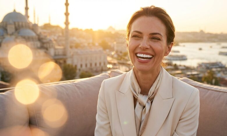 A confident woman with a beautiful, flawless white smile stands on a balcony with a blurred Turkish city skyline behind her at sunset.