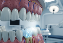 A detailed photorealistic image of a human lower jaw anatomical model, with a transparent section highlighting an impacted wisdom tooth embedded in the bone. The background is a softly blurred, sterile, modern dental clinic or oral surgery environment.