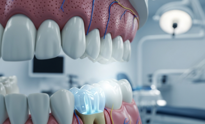 A detailed photorealistic image of a human lower jaw anatomical model, with a transparent section highlighting an impacted wisdom tooth embedded in the bone. The background is a softly blurred, sterile, modern dental clinic or oral surgery environment.