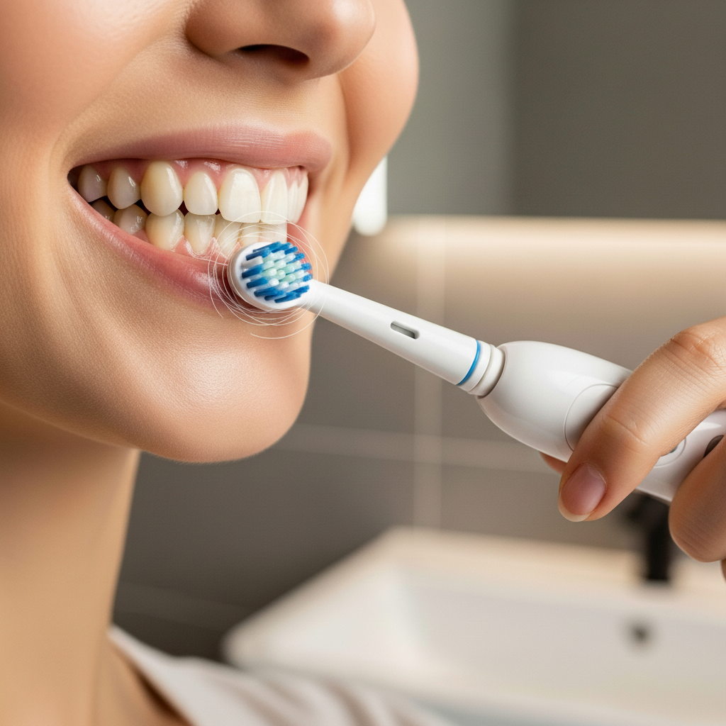Tips for Healthy Teeth with proper brushing techniques, focusing on soft bristles and gentle circular motions.