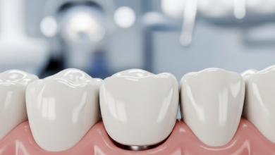 A photorealistic, ultra-detailed close-up of a natural-looking dental implant crown perfectly integrated into healthy, pink gum tissue. The background is a softly blurred, clean, and modern dental clinic setting, implying advanced and comfortable dental care.