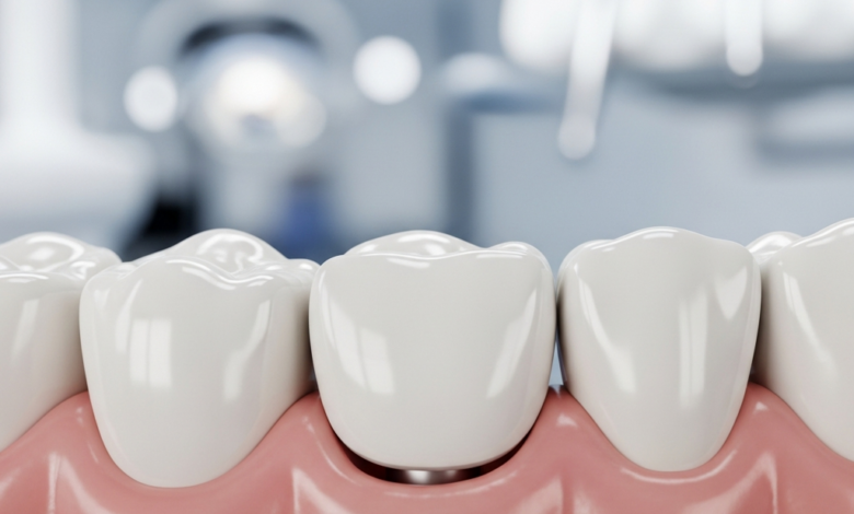 A photorealistic, ultra-detailed close-up of a natural-looking dental implant crown perfectly integrated into healthy, pink gum tissue. The background is a softly blurred, clean, and modern dental clinic setting, implying advanced and comfortable dental care.