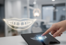 A photorealistic image showcasing a conceptual, radiant, natural-looking smile with subtle glowing outlines, symbolizing the desired outcome of cosmetic dental work. In the blurred midground, a professional hand interacts with a sleek digital tablet displaying abstract patterns, representing advanced smile design technology. The background is a modern, clean dental clinic interior with soft lighting and contemporary elements, all rendered with a shallow depth of field. There is no visible text.