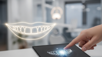 A photorealistic image showcasing a conceptual, radiant, natural-looking smile with subtle glowing outlines, symbolizing the desired outcome of cosmetic dental work. In the blurred midground, a professional hand interacts with a sleek digital tablet displaying abstract patterns, representing advanced smile design technology. The background is a modern, clean dental clinic interior with soft lighting and contemporary elements, all rendered with a shallow depth of field. There is no visible text.