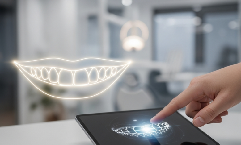 A photorealistic image showcasing a conceptual, radiant, natural-looking smile with subtle glowing outlines, symbolizing the desired outcome of cosmetic dental work. In the blurred midground, a professional hand interacts with a sleek digital tablet displaying abstract patterns, representing advanced smile design technology. The background is a modern, clean dental clinic interior with soft lighting and contemporary elements, all rendered with a shallow depth of field. There is no visible text.
