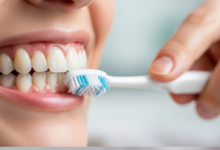Close-up of a soft-bristled toothbrush gently cleaning healthy, pale pink gums and white teeth in a bright, blurred bathroom background, symbolizing gum disease prevention.