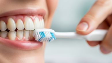 Close-up of a soft-bristled toothbrush gently cleaning healthy, pale pink gums and white teeth in a bright, blurred bathroom background, symbolizing gum disease prevention.