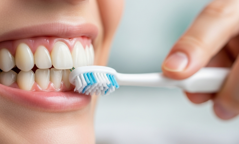 Close-up of a soft-bristled toothbrush gently cleaning healthy, pale pink gums and white teeth in a bright, blurred bathroom background, symbolizing gum disease prevention.