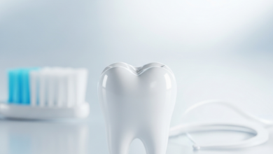 A close-up, highly detailed image of a healthy, pristine white molar tooth, perfectly in focus. In the softly blurred background, a toothbrush head and dental floss are visible, representing oral hygiene and prevention.