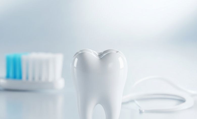A close-up, highly detailed image of a healthy, pristine white molar tooth, perfectly in focus. In the softly blurred background, a toothbrush head and dental floss are visible, representing oral hygiene and prevention.