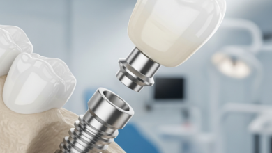 A highly detailed, photorealistic image of a dental implant. It clearly shows the titanium screw-like post partially embedded in a conceptual jawbone, a connecting abutment above it, and a perfectly shaped, natural-looking white ceramic tooth crown securely placed on top. The background is a softly blurred, clean, and modern dental clinic setting.