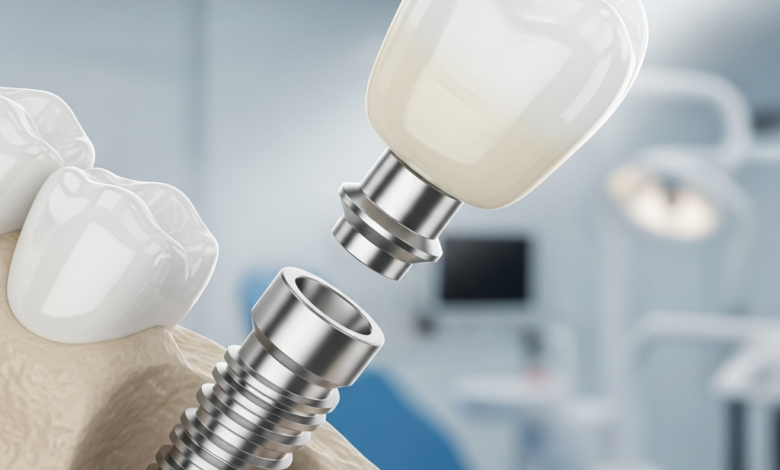 A highly detailed, photorealistic image of a dental implant. It clearly shows the titanium screw-like post partially embedded in a conceptual jawbone, a connecting abutment above it, and a perfectly shaped, natural-looking white ceramic tooth crown securely placed on top. The background is a softly blurred, clean, and modern dental clinic setting.