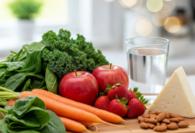A photorealistic overhead shot of a vibrant assortment of fresh, colorful foods known for dental benefits, artfully arranged on a clean, light surface. The scene includes bright green leafy vegetables, orange carrots, red apples, strawberries, a slice of white cheese, a handful of almonds, and a clear glass of water, all in sharp focus with a softly blurred, neutral background. The lighting is natural and bright, conveying freshness and health.