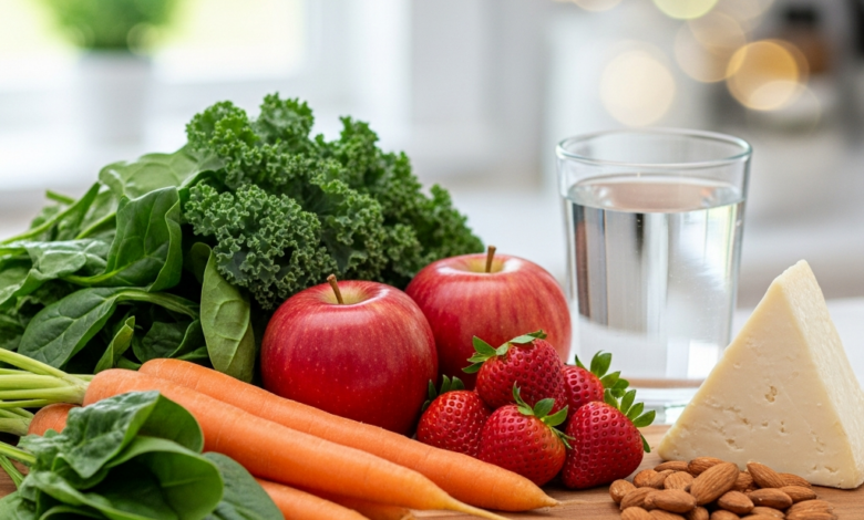 A photorealistic overhead shot of a vibrant assortment of fresh, colorful foods known for dental benefits, artfully arranged on a clean, light surface. The scene includes bright green leafy vegetables, orange carrots, red apples, strawberries, a slice of white cheese, a handful of almonds, and a clear glass of water, all in sharp focus with a softly blurred, neutral background. The lighting is natural and bright, conveying freshness and health.