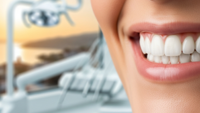 Close-up of a person's brilliant, perfectly aligned white teeth, showcasing a confident 'Hollywood Smile,' with a very blurred background suggesting a modern dental clinic and a warm, sun-drenched Turkish landscape.