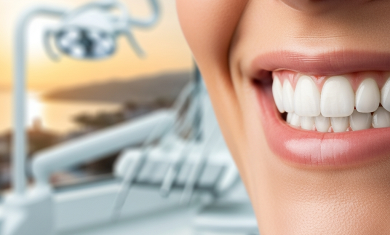 Close-up of a person's brilliant, perfectly aligned white teeth, showcasing a confident 'Hollywood Smile,' with a very blurred background suggesting a modern dental clinic and a warm, sun-drenched Turkish landscape.
