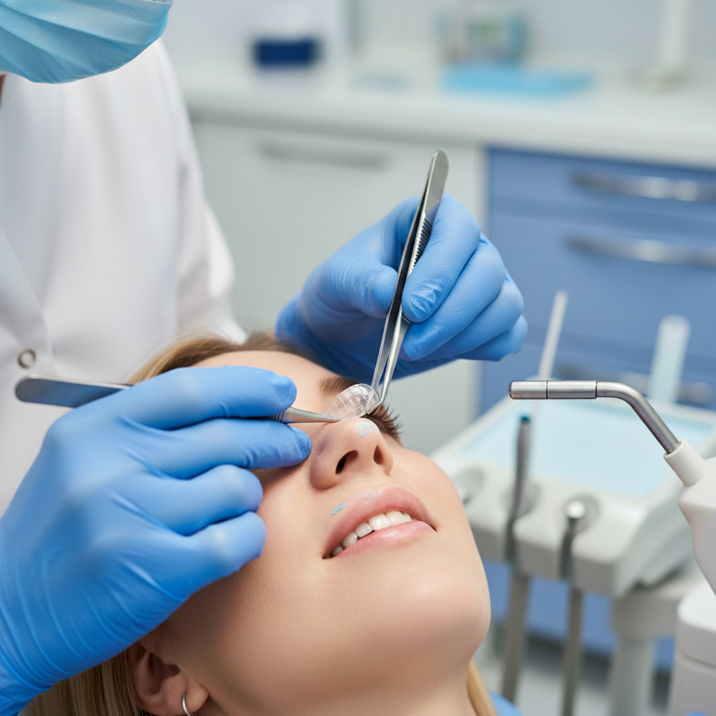 Veneers Cost in the UK: A skilled dentist precisely bonding porcelain veneers onto a patient's teeth.