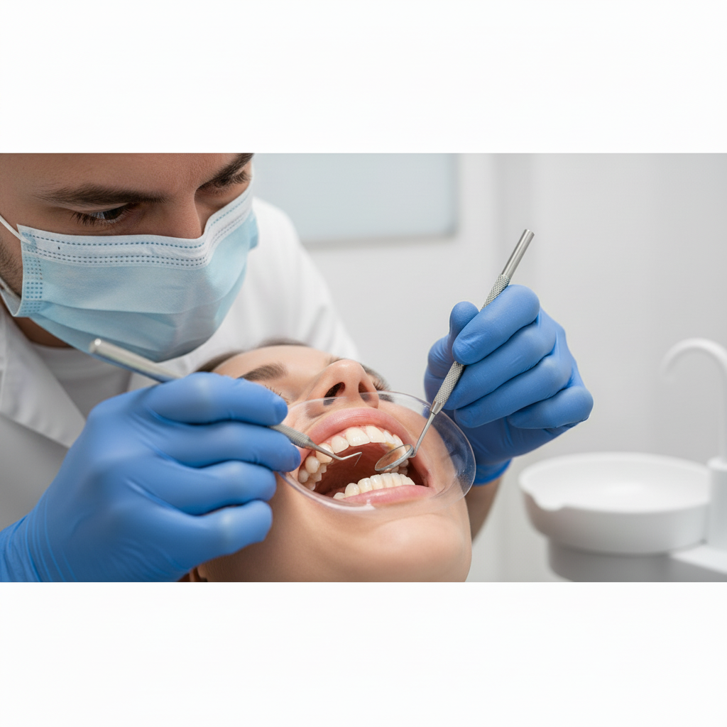 Veneers Cost in the UK can vary; this image shows the meticulous process of dental examination.