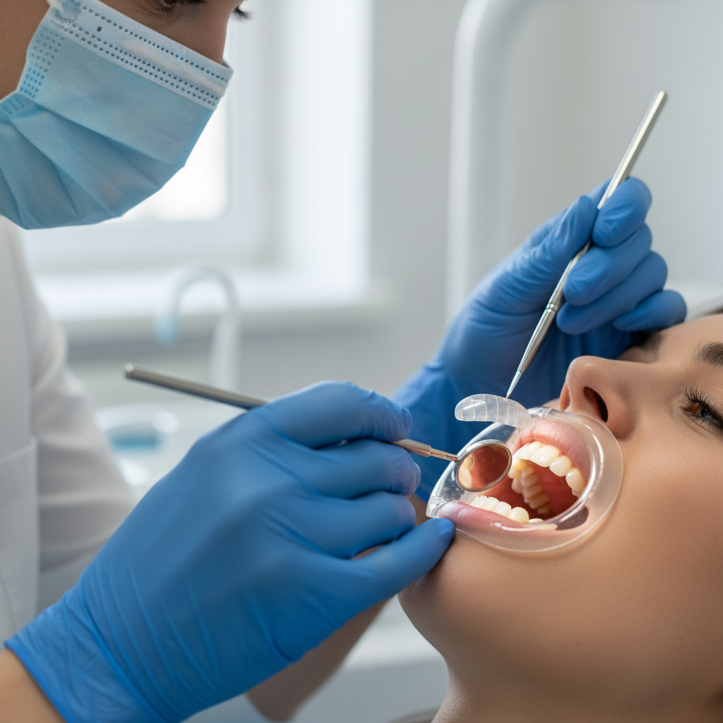 Veneers Cost in the UK: Dental professional precisely bonding a porcelain veneer onto a patient.