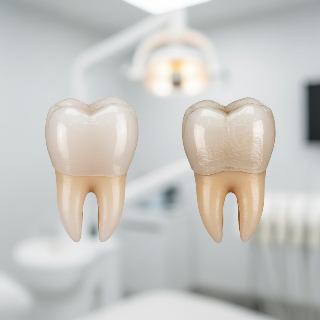 Porcelain vs Composite Veneer Materials Veneers Cost in the UK: Visual comparison of porcelain and composite dental veneer types on teeth.