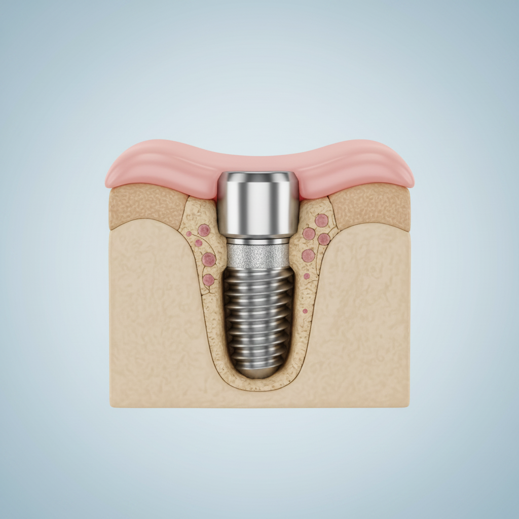 Private Dental Implants UK Cost: A highly detailed view of a titanium dental implant integrating with jawbone.