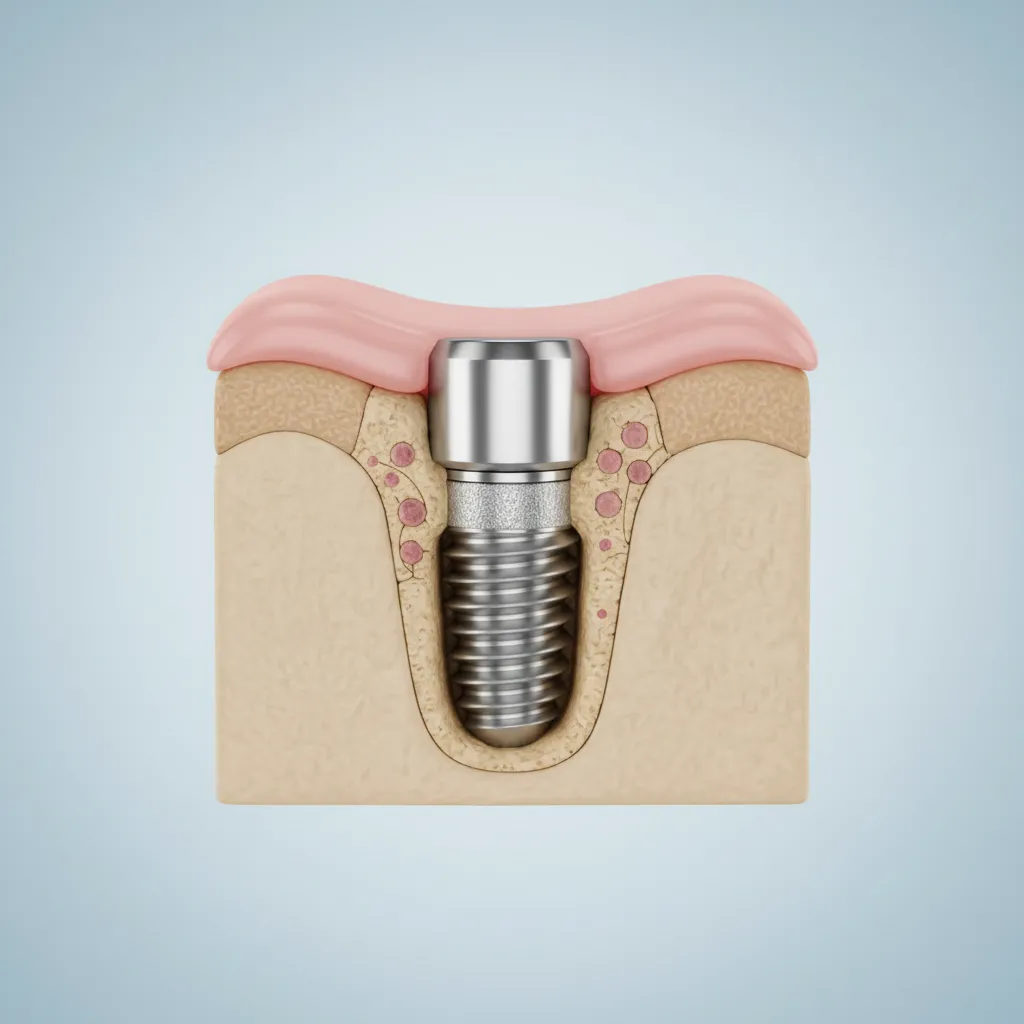Private Dental Implants UK Cost: A highly detailed view of a titanium dental implant integrating with jawbone.