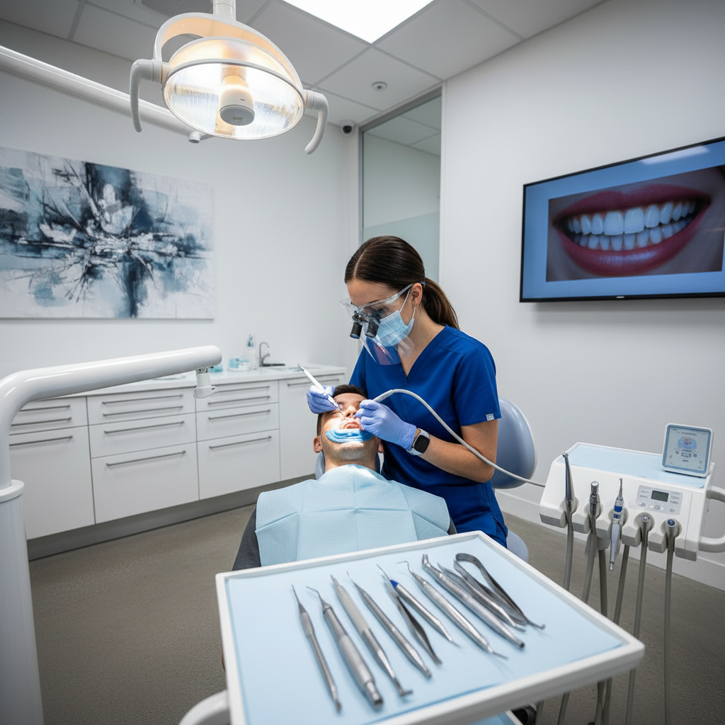 Dental professional performing a veneer procedure Veneers Cost in the UK involves a detailed, professional application process by skilled dentists.