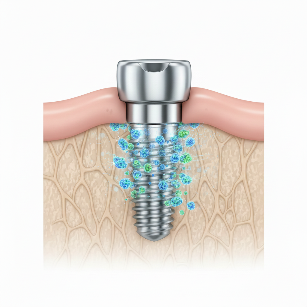 Dental Implants undergoing osseointegration, creating a strong, stable foundation within the jawbone for a new tooth