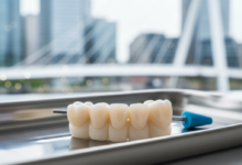Close-up photorealistic image of a meticulously crafted dental bridge made of porcelain, resting on a clean white surface in a professional dental setting. The background shows a soft-focused, blurred modern UK cityscape under clear lighting.