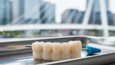 Close-up photorealistic image of a meticulously crafted dental bridge made of porcelain, resting on a clean white surface in a professional dental setting. The background shows a soft-focused, blurred modern UK cityscape under clear lighting.