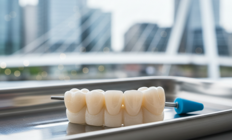 Close-up photorealistic image of a meticulously crafted dental bridge made of porcelain, resting on a clean white surface in a professional dental setting. The background shows a soft-focused, blurred modern UK cityscape under clear lighting.